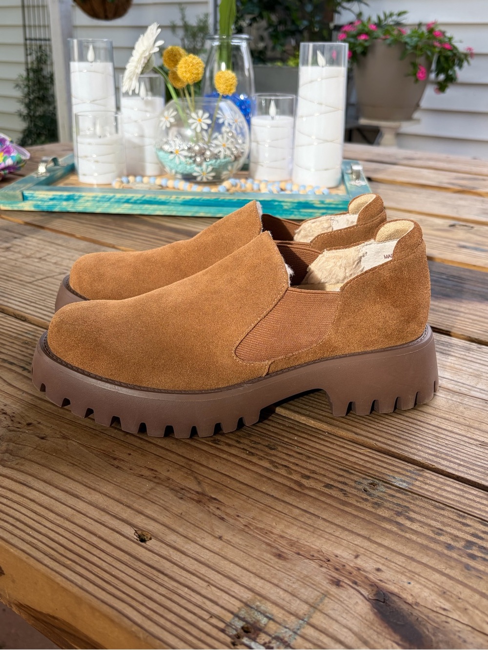 Vaneli Chunky Suede Slip-On Lug Sole Shoes in Chestnut